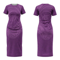 Hawaiian Turtle and Shark Couples Matching Short Sleeve Bodycon Dress and Hawaiian Shirt Kakau Tribal with Polynesian Pattern Pink Color