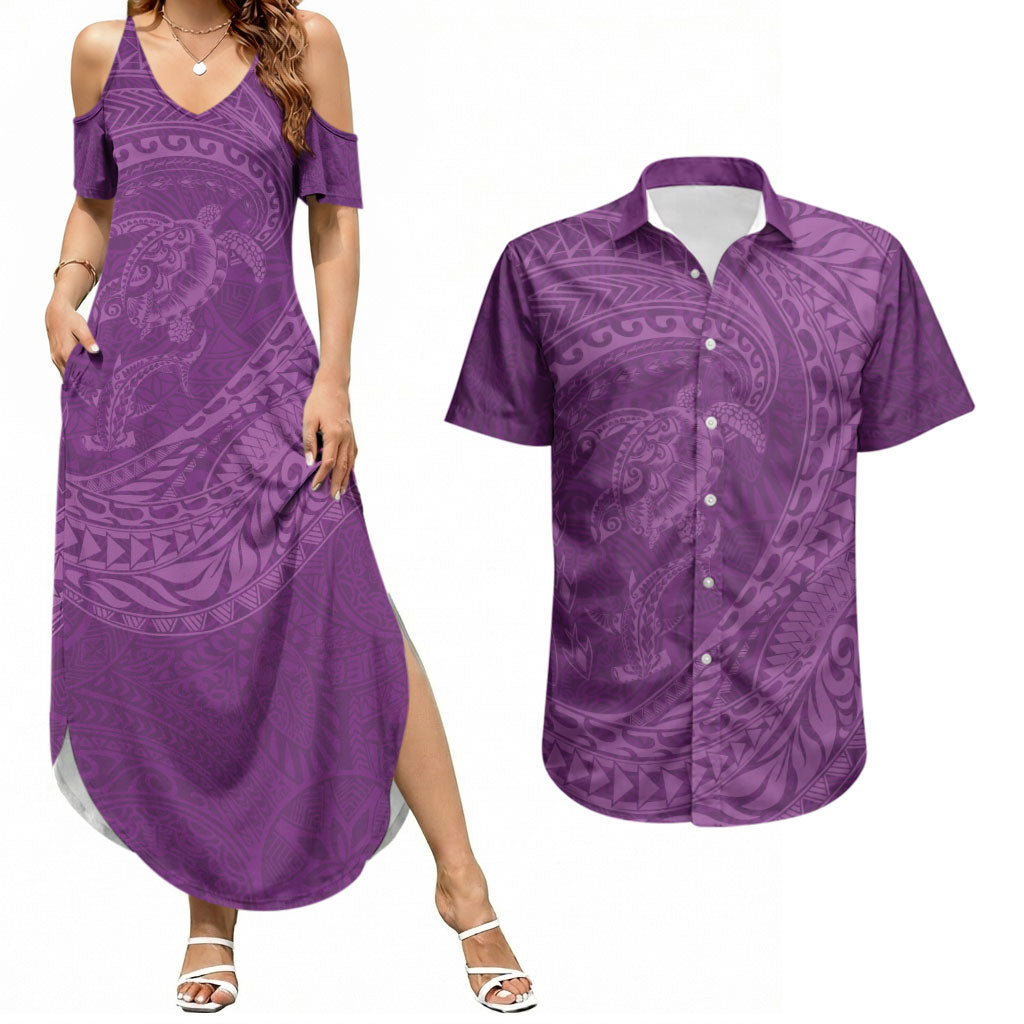 Hawaiian Turtle and Shark Couples Matching Summer Maxi Dress and Hawaiian Shirt Kakau Tribal with Polynesian Pattern Pink Color