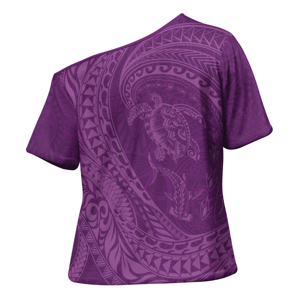 Hawaiian Turtle and Shark Cross Shoulder Shirt Kakau Tribal with Polynesian Pattern Pink Color