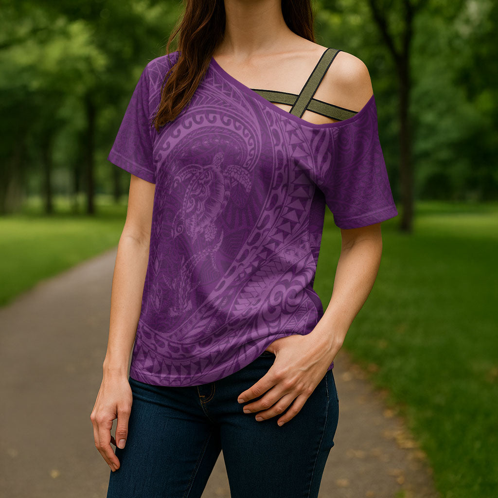 Hawaiian Turtle and Shark Cross Shoulder Shirt Kakau Tribal with Polynesian Pattern Pink Color
