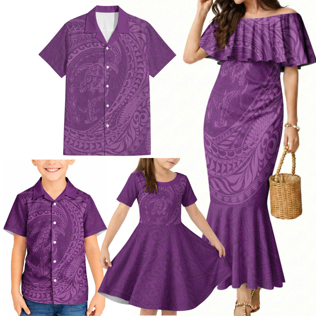 Hawaiian Turtle and Shark Family Matching Mermaid Dress and Hawaiian Shirt Kakau Tribal with Polynesian Pattern Pink Color