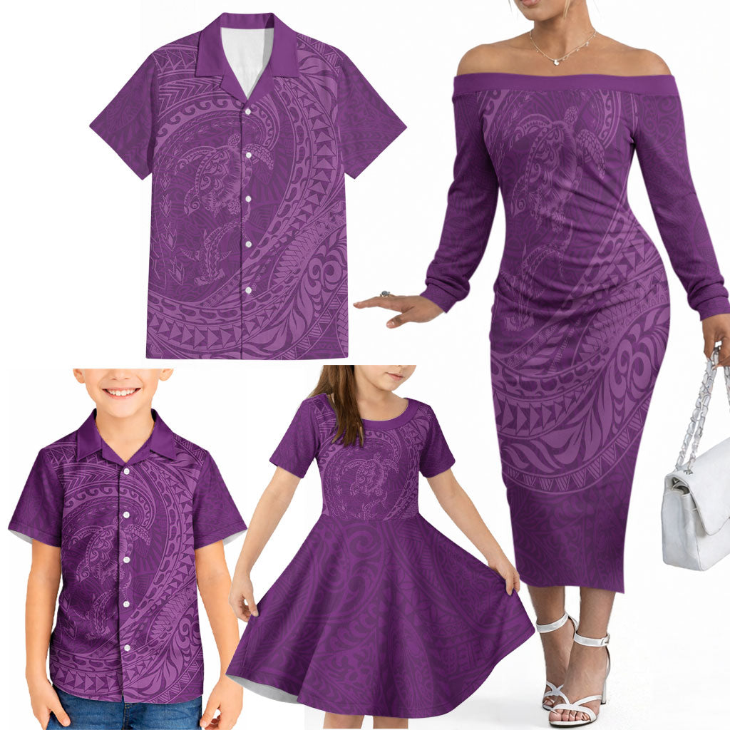 Hawaiian Turtle and Shark Family Matching Off The Shoulder Long Sleeve Dress and Hawaiian Shirt Kakau Tribal with Polynesian Pattern Pink Color