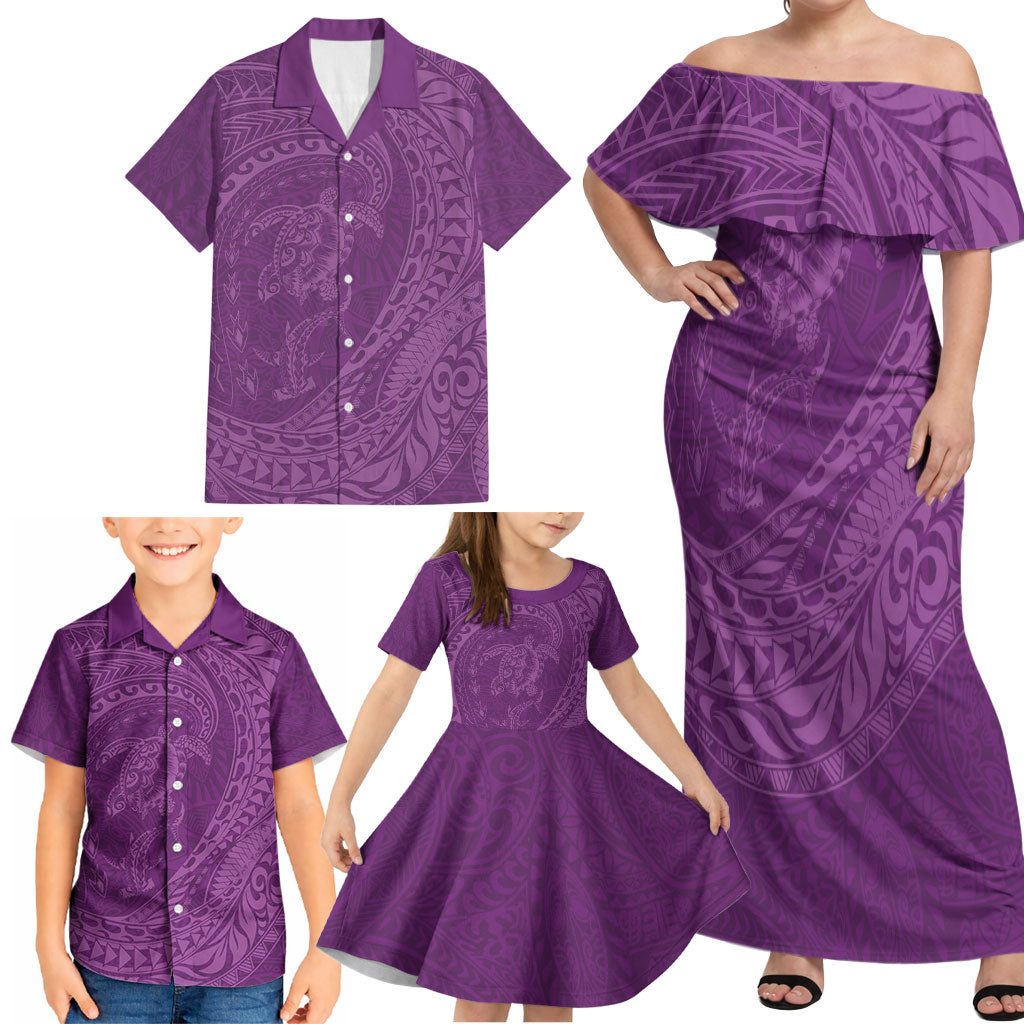 Hawaiian Turtle and Shark Family Matching Off Shoulder Maxi Dress and Hawaiian Shirt Kakau Tribal with Polynesian Pattern Pink Color