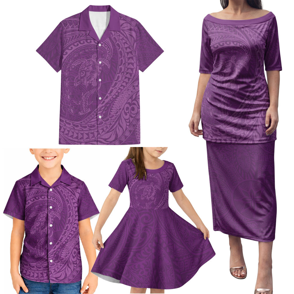 Hawaiian Turtle and Shark Family Matching Puletasi and Hawaiian Shirt Kakau Tribal with Polynesian Pattern Pink Color