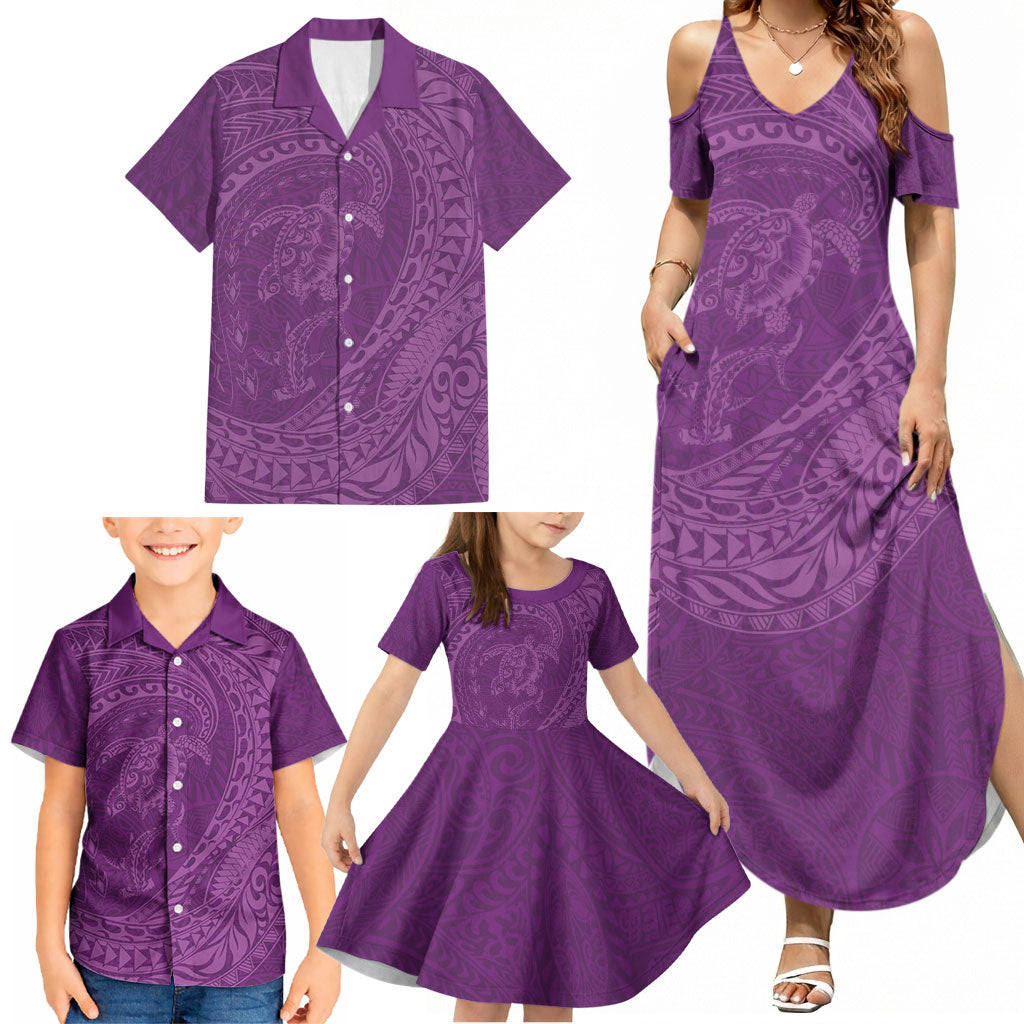 Hawaiian Turtle and Shark Family Matching Summer Maxi Dress and Hawaiian Shirt Kakau Tribal with Polynesian Pattern Pink Color