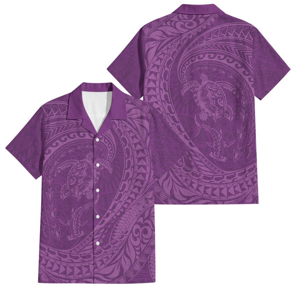 Hawaiian Turtle and Shark Family Matching Summer Maxi Dress and Hawaiian Shirt Kakau Tribal with Polynesian Pattern Pink Color
