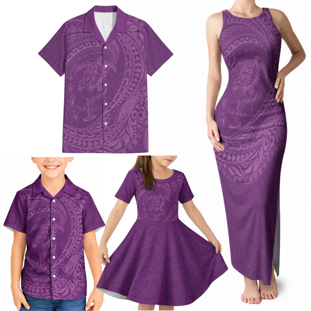Hawaiian Turtle and Shark Family Matching Tank Maxi Dress and Hawaiian Shirt Kakau Tribal with Polynesian Pattern Pink Color