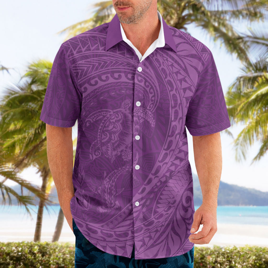 Hawaiian Turtle and Shark Hawaiian Shirt Kakau Tribal with Polynesian Pattern Pink Color