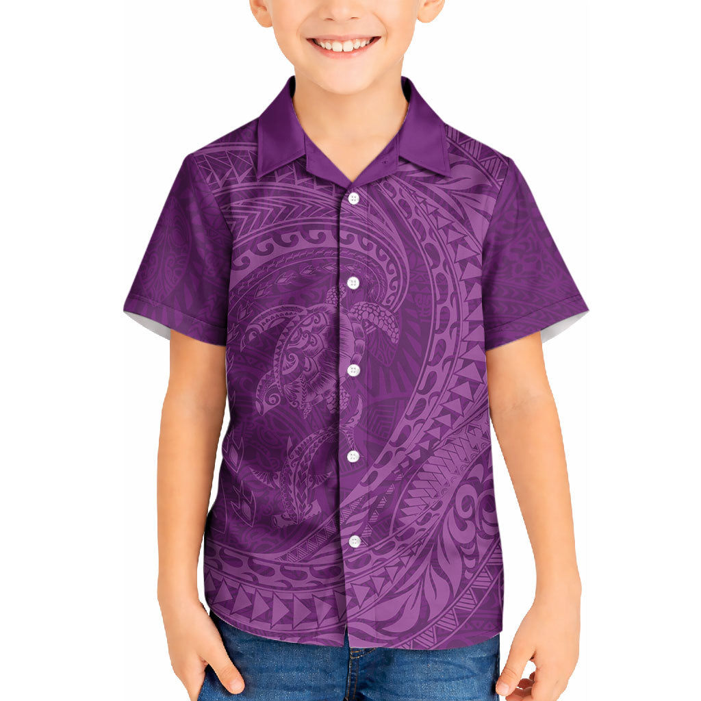 Hawaiian Turtle and Shark Kid Hawaiian Shirt Kakau Tribal with Polynesian Pattern Pink Color