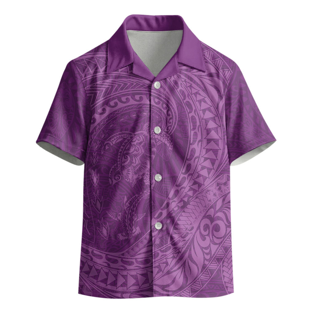Hawaiian Turtle and Shark Kid Hawaiian Shirt Kakau Tribal with Polynesian Pattern Pink Color