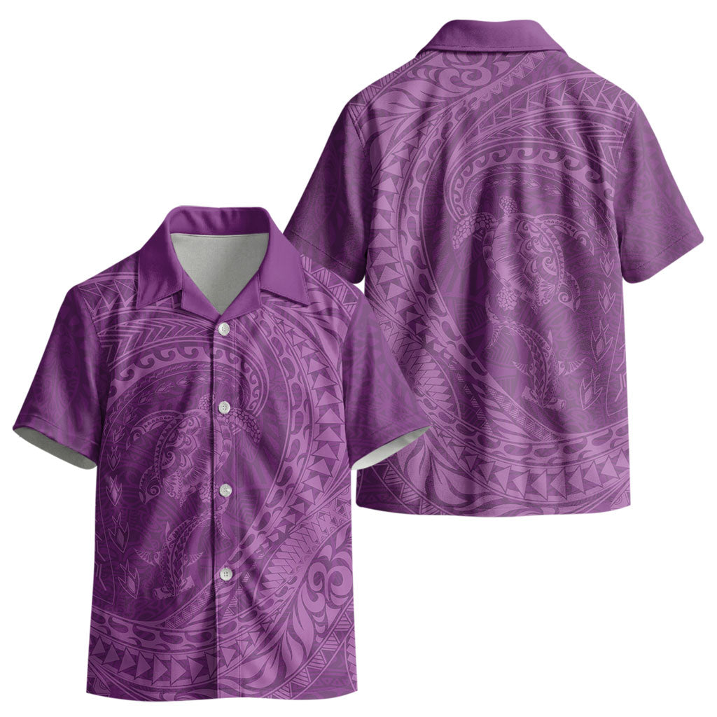 Hawaiian Turtle and Shark Kid Hawaiian Shirt Kakau Tribal with Polynesian Pattern Pink Color