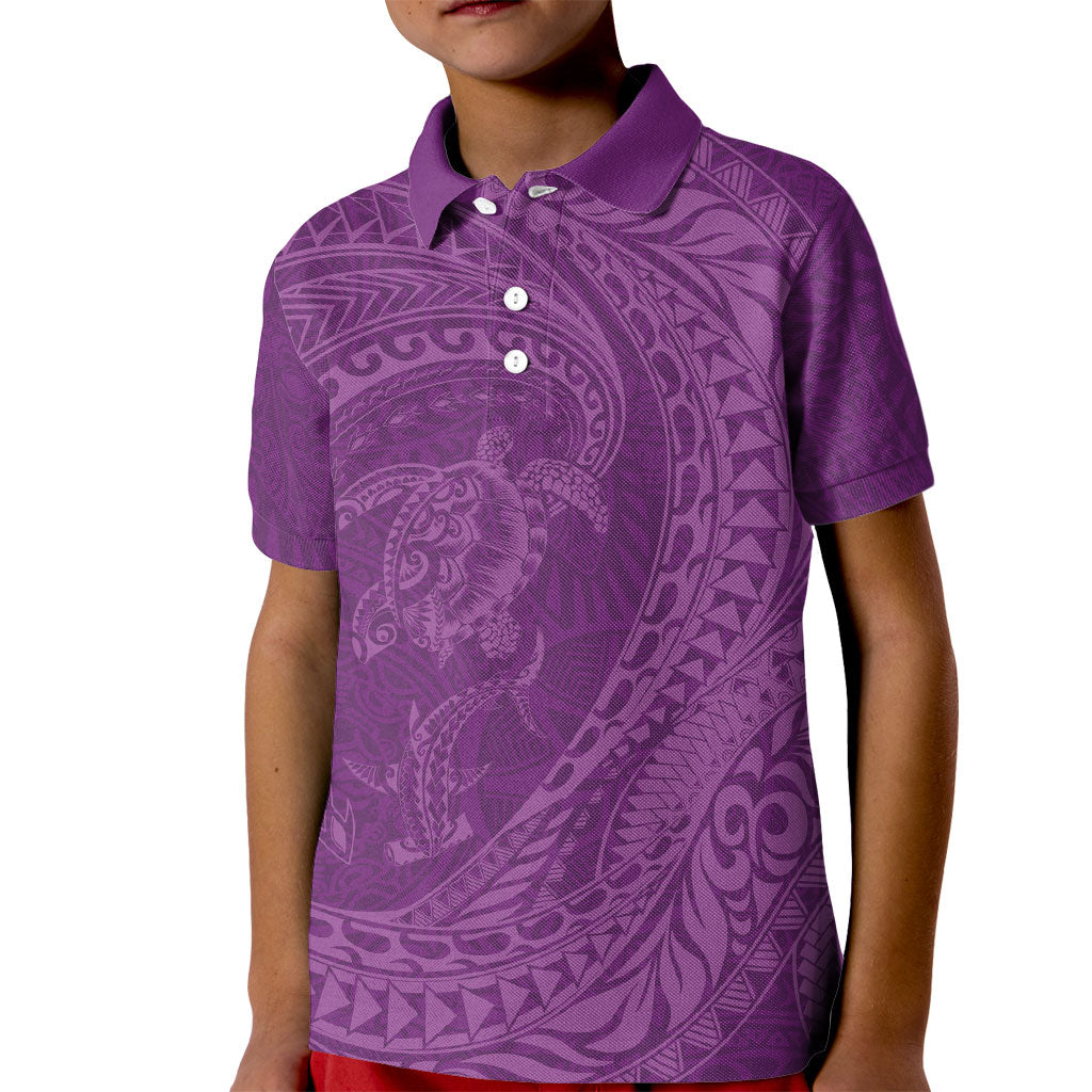 Hawaiian Turtle and Shark Kid Polo Shirt Kakau Tribal with Polynesian Pattern Pink Color