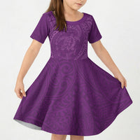 Hawaiian Turtle and Shark Kid Short Sleeve Dress Kakau Tribal with Polynesian Pattern Pink Color