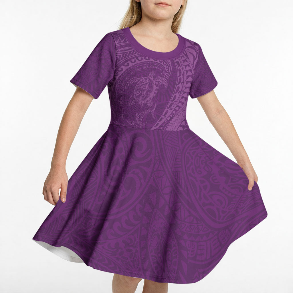 Hawaiian Turtle and Shark Kid Short Sleeve Dress Kakau Tribal with Polynesian Pattern Pink Color