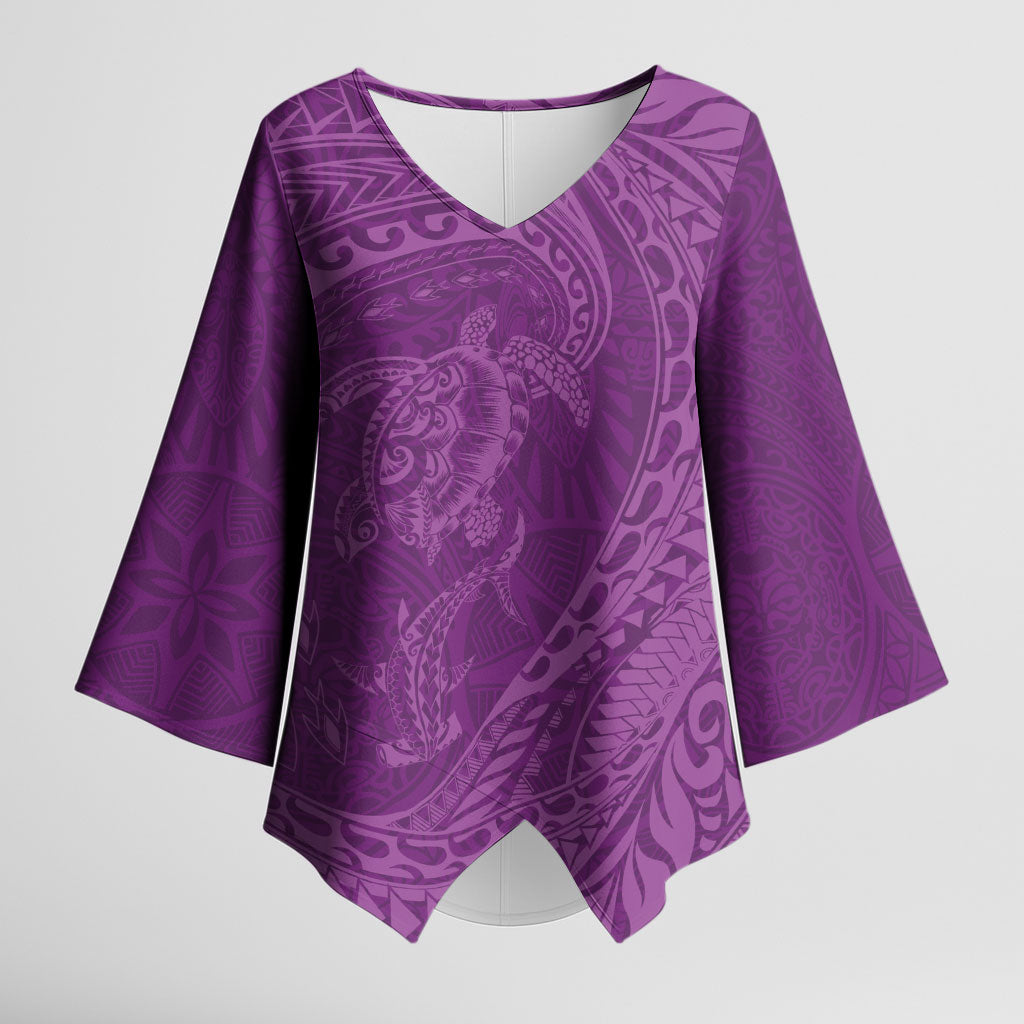 Hawaiian Turtle and Shark Kimono Sleeve Blouse Kakau Tribal with Polynesian Pattern Pink Color