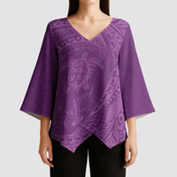 Hawaiian Turtle and Shark Kimono Sleeve Blouse Kakau Tribal with Polynesian Pattern Pink Color