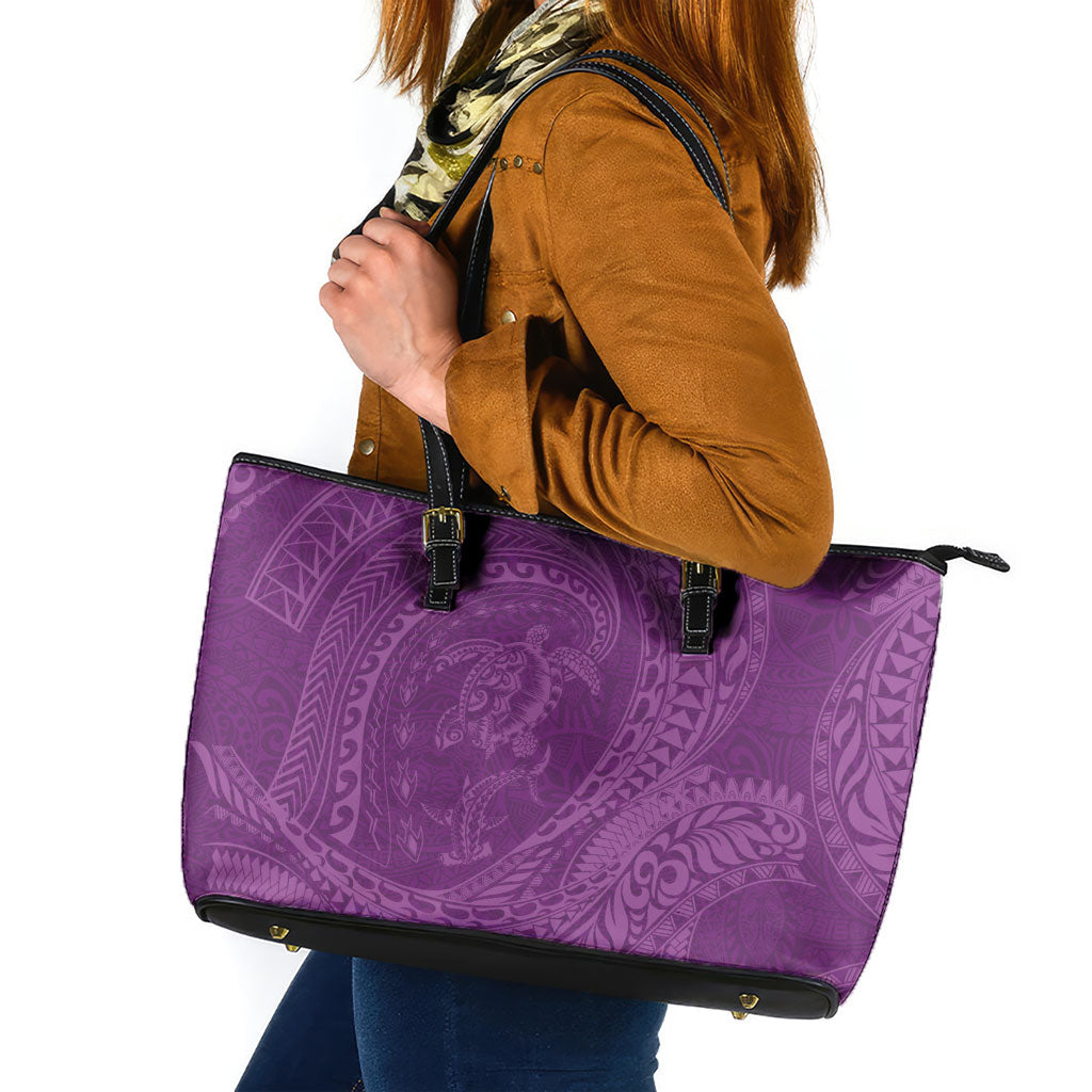 Hawaiian Turtle and Shark Leather Tote Bag Kakau Tribal with Polynesian Pattern Pink Color
