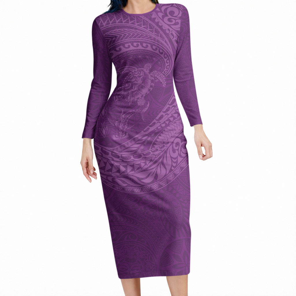 Hawaiian Turtle and Shark Long Sleeve Bodycon Dress Kakau Tribal with Polynesian Pattern Pink Color