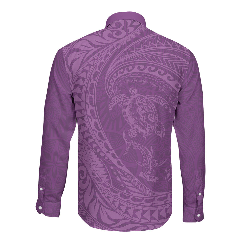 Hawaiian Turtle and Shark Long Sleeve Button Shirt Kakau Tribal with Polynesian Pattern Pink Color