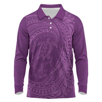 Hawaiian Turtle and Shark Long Sleeve Polo Shirt Kakau Tribal with Polynesian Pattern Pink Color