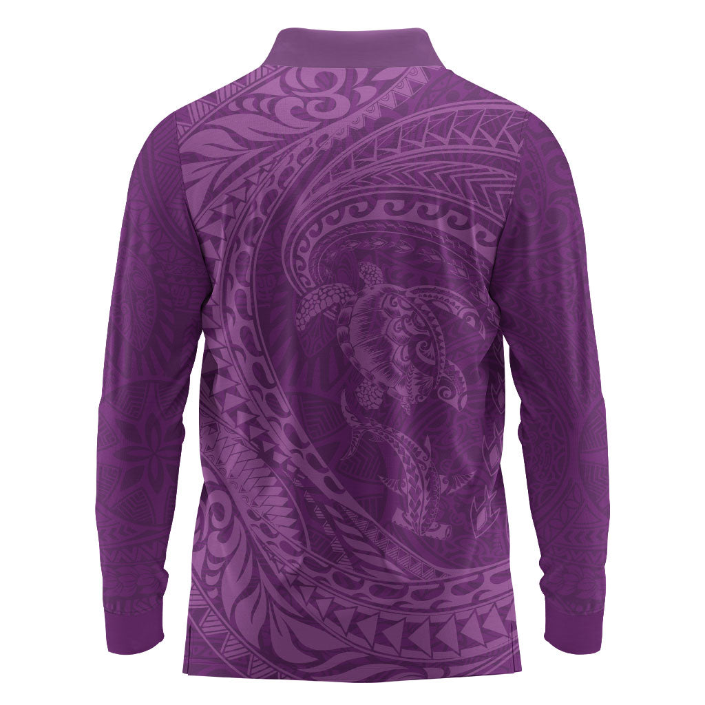 Hawaiian Turtle and Shark Long Sleeve Polo Shirt Kakau Tribal with Polynesian Pattern Pink Color