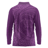 Hawaiian Turtle and Shark Long Sleeve Polo Shirt Kakau Tribal with Polynesian Pattern Pink Color