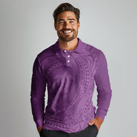 Hawaiian Turtle and Shark Long Sleeve Polo Shirt Kakau Tribal with Polynesian Pattern Pink Color