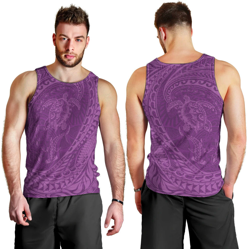 Hawaiian Turtle and Shark Men Tank Top Kakau Tribal with Polynesian Pattern Pink Color