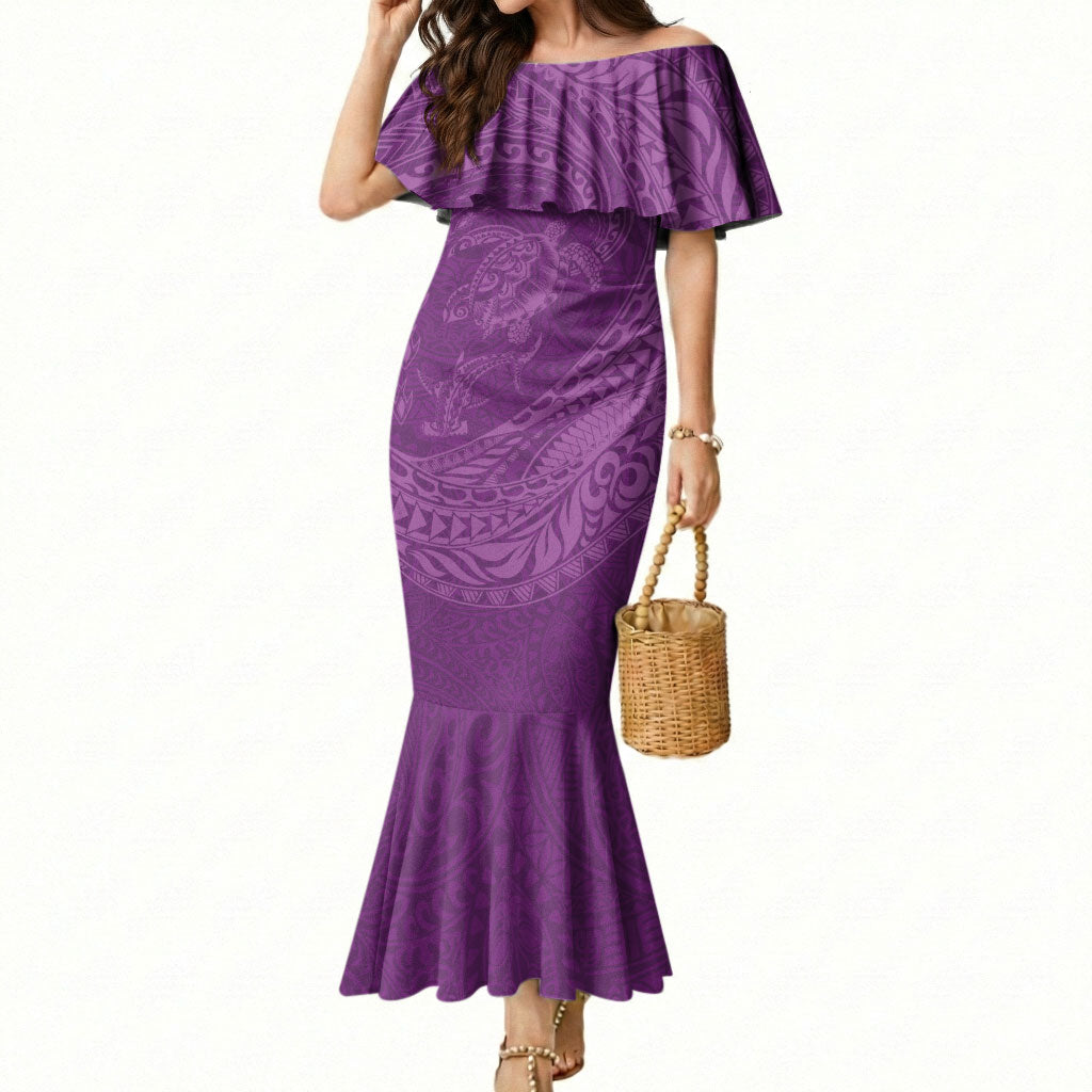Hawaiian Turtle and Shark Mermaid Dress Kakau Tribal with Polynesian Pattern Pink Color