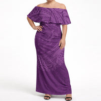 Hawaiian Turtle and Shark Off Shoulder Maxi Dress Kakau Tribal with Polynesian Pattern Pink Color