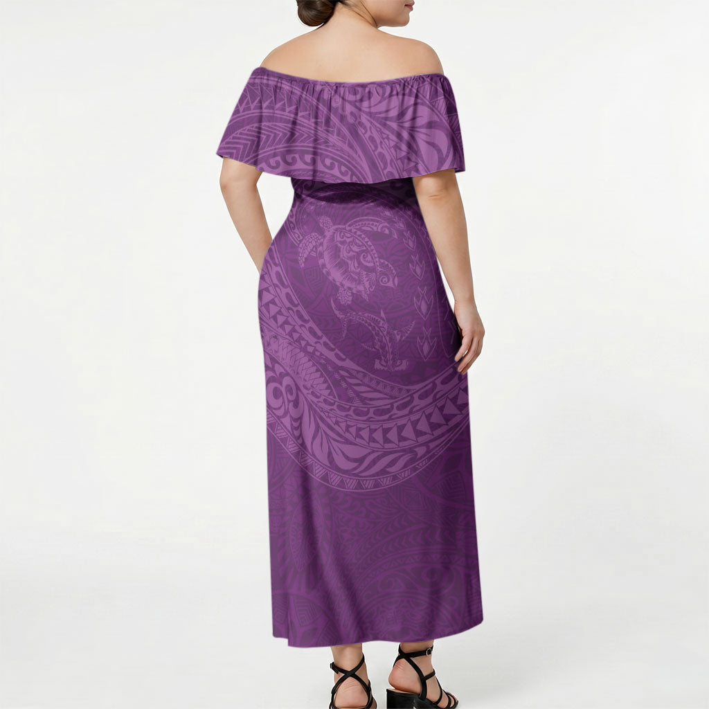 Hawaiian Turtle and Shark Off Shoulder Maxi Dress Kakau Tribal with Polynesian Pattern Pink Color