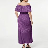 Hawaiian Turtle and Shark Off Shoulder Maxi Dress Kakau Tribal with Polynesian Pattern Pink Color