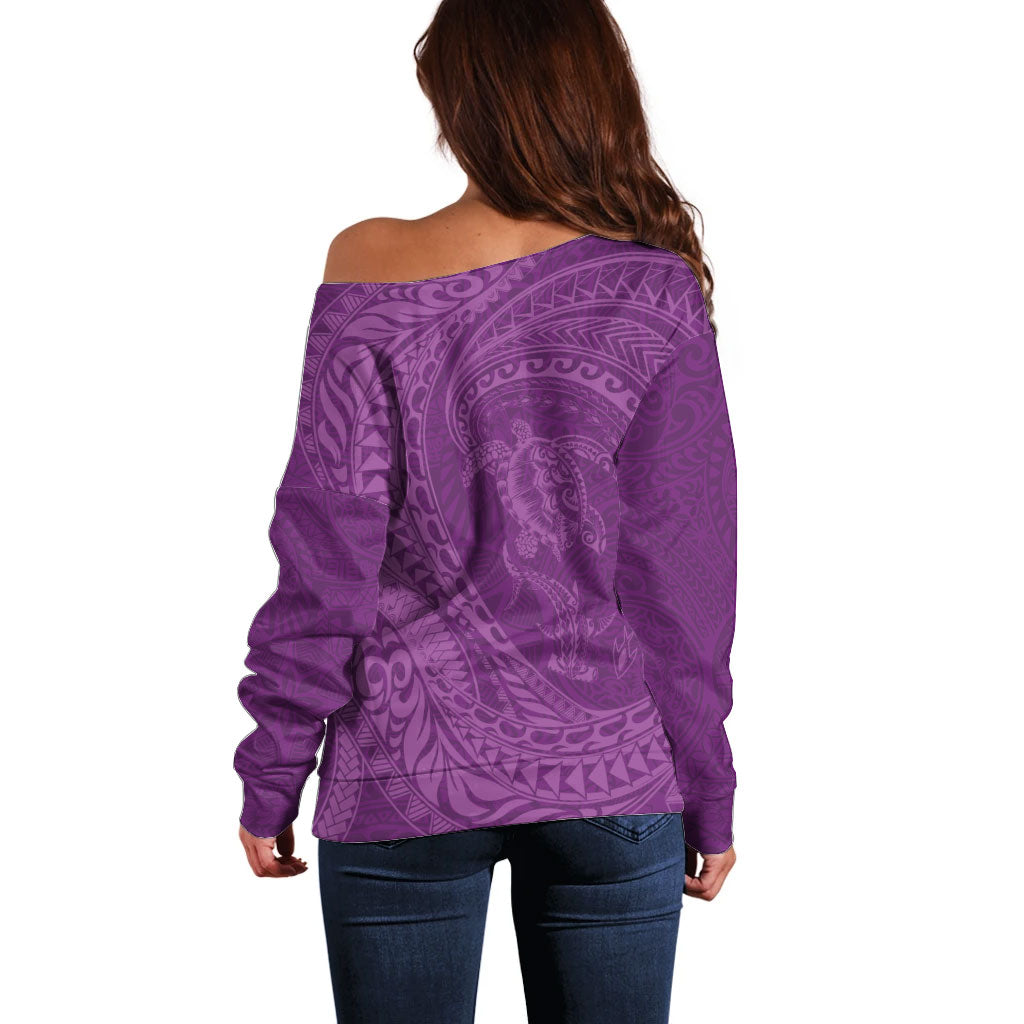 Hawaiian Turtle and Shark Off Shoulder Sweater Kakau Tribal with Polynesian Pattern Pink Color