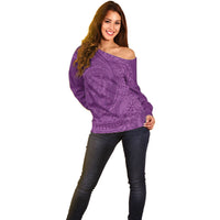 Hawaiian Turtle and Shark Off Shoulder Sweater Kakau Tribal with Polynesian Pattern Pink Color