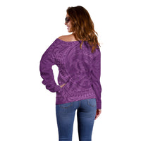 Hawaiian Turtle and Shark Off Shoulder Sweater Kakau Tribal with Polynesian Pattern Pink Color