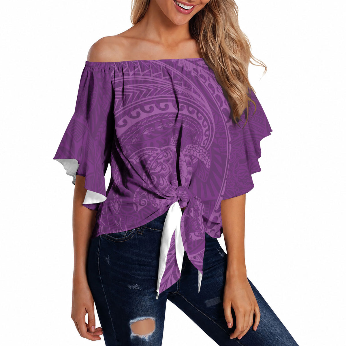 Hawaiian Turtle and Shark Off Shoulder Wrap Waist Top Kakau Tribal with Polynesian Pattern Pink Color