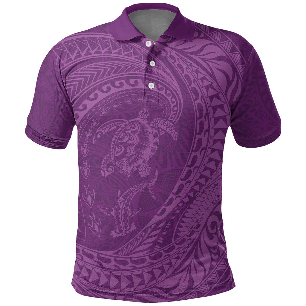 Hawaiian Turtle and Shark Polo Shirt Kakau Tribal with Polynesian Pattern Pink Color