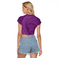 Hawaiian Turtle and Shark Raglan Cropped T Shirt Kakau Tribal with Polynesian Pattern Pink Color