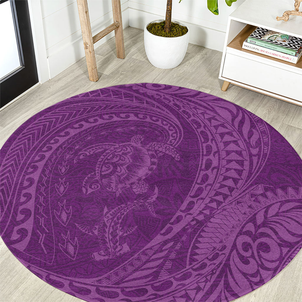 Hawaiian Turtle and Shark Round Carpet Kakau Tribal with Polynesian Pattern Pink Color