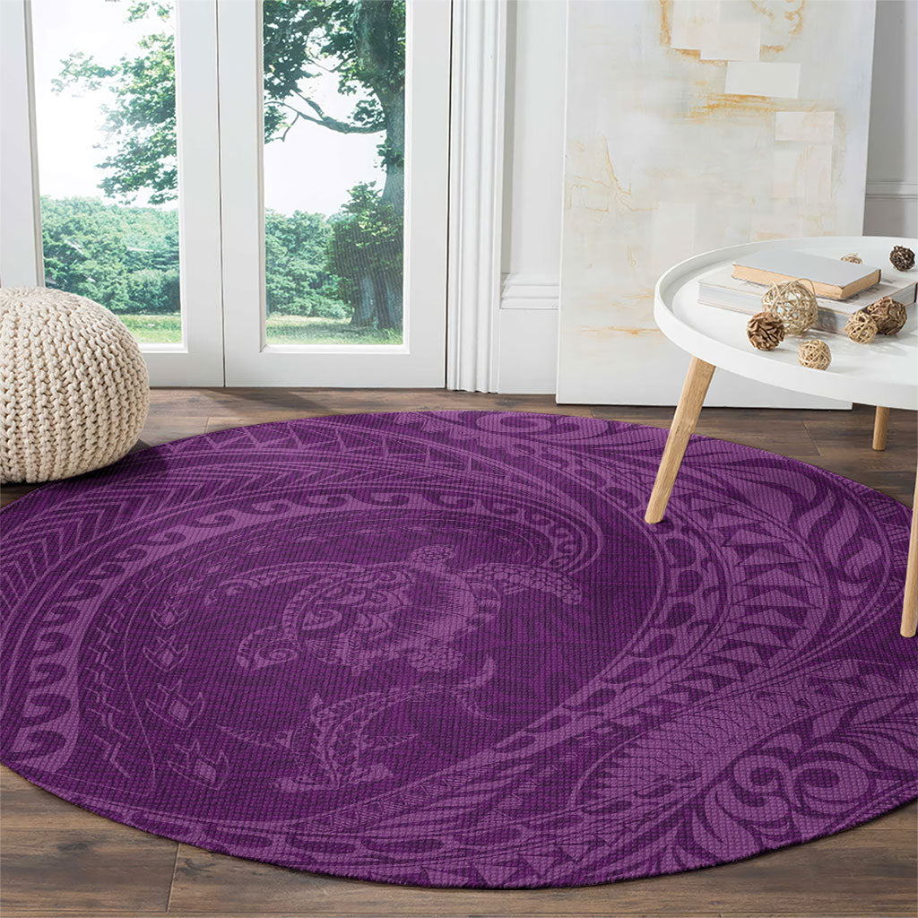 Hawaiian Turtle and Shark Round Carpet Kakau Tribal with Polynesian Pattern Pink Color