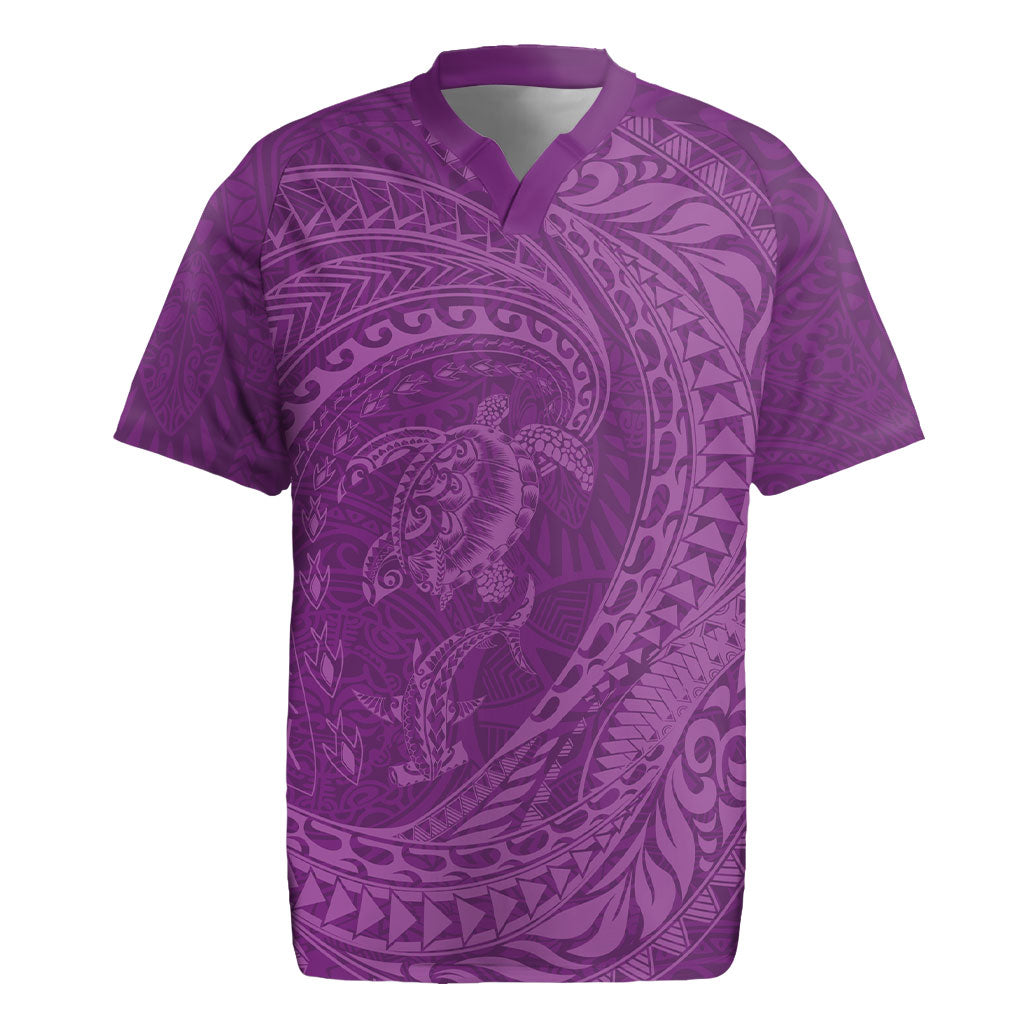 Hawaiian Turtle and Shark Rugby Jersey Kakau Tribal with Polynesian Pattern Pink Color