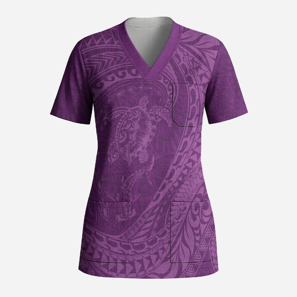 Hawaiian Turtle and Shark Scrub Top Kakau Tribal with Polynesian Pattern Pink Color