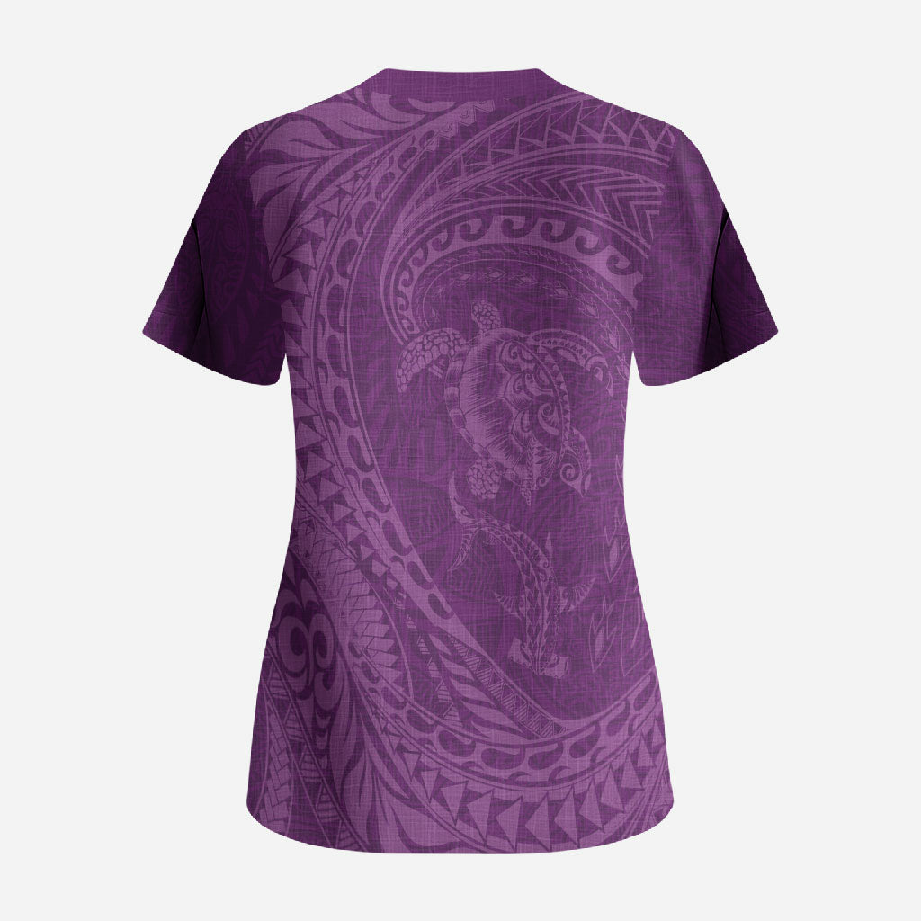 Hawaiian Turtle and Shark Scrub Top Kakau Tribal with Polynesian Pattern Pink Color