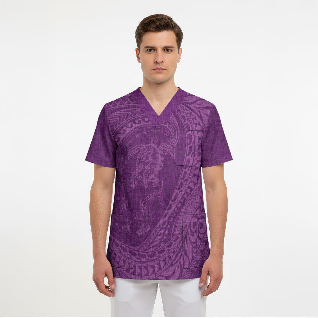 Hawaiian Turtle and Shark Scrub Top Kakau Tribal with Polynesian Pattern Pink Color