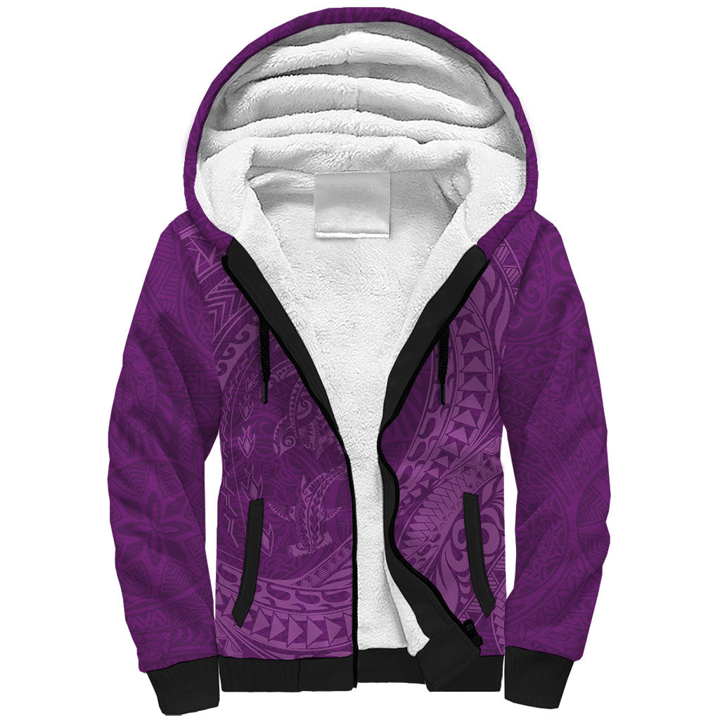 Hawaiian Turtle and Shark Sherpa Hoodie Kakau Tribal with Polynesian Pattern Pink Color