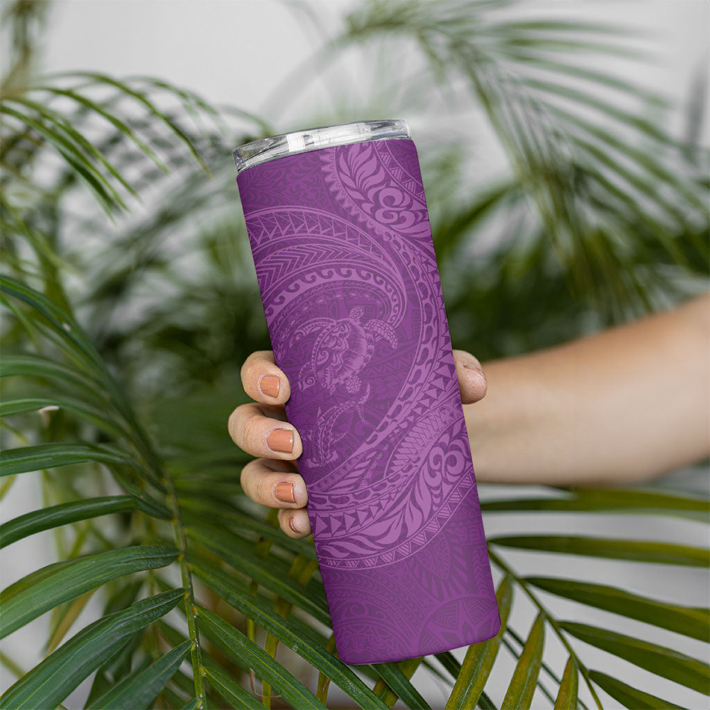 Hawaiian Turtle and Shark Skinny Tumbler Kakau Tribal with Polynesian Pattern Pink Color