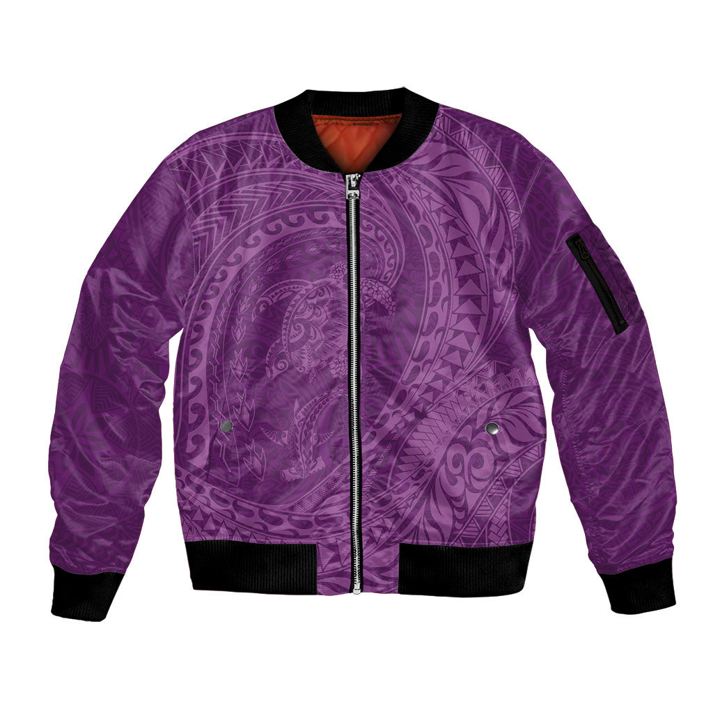 Hawaiian Turtle and Shark Sleeve Zip Bomber Jacket Kakau Tribal with Polynesian Pattern Pink Color