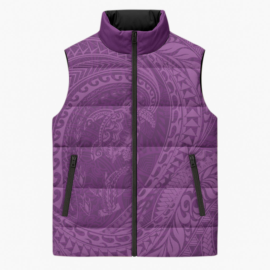 Hawaiian Turtle and Shark Sleeveless Puffer Jacket Kakau Tribal with Polynesian Pattern Pink Color
