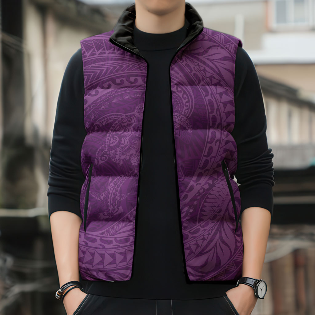 Hawaiian Turtle and Shark Sleeveless Puffer Jacket Kakau Tribal with Polynesian Pattern Pink Color