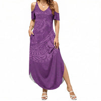 Hawaiian Turtle and Shark Summer Maxi Dress Kakau Tribal with Polynesian Pattern Pink Color
